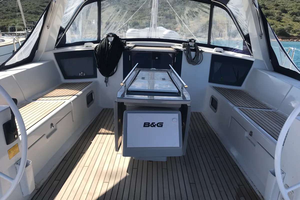 Cockpit of Algeiba, a Beneteau Oceanis 45 sailboat at Salerno, Italy
