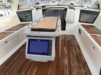Cockpit of Atlantica, a Beneteau Oceanis 45 sailboat at La Spezia, Italy