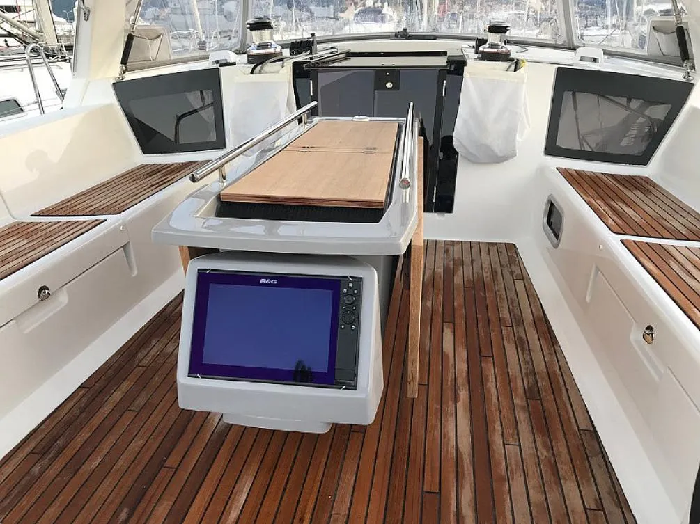 Cockpit of Atlantica, a Beneteau Oceanis 45 sailboat at La Spezia, Italy