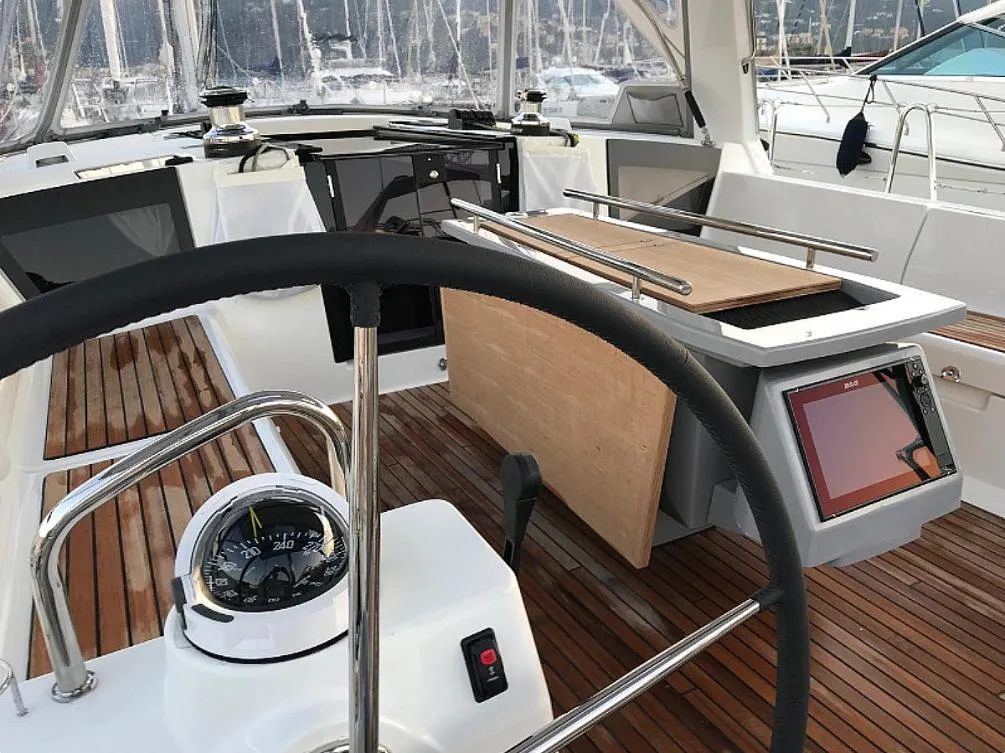 Cockpit of Atlantica, a Beneteau Oceanis 45 sailboat at La Spezia, Italy