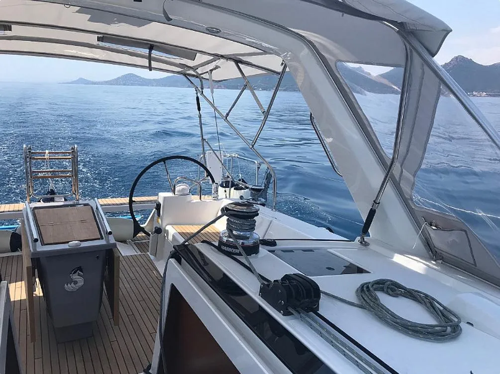Cockpit of Atlantica, a Beneteau Oceanis 45 sailboat at La Spezia, Italy