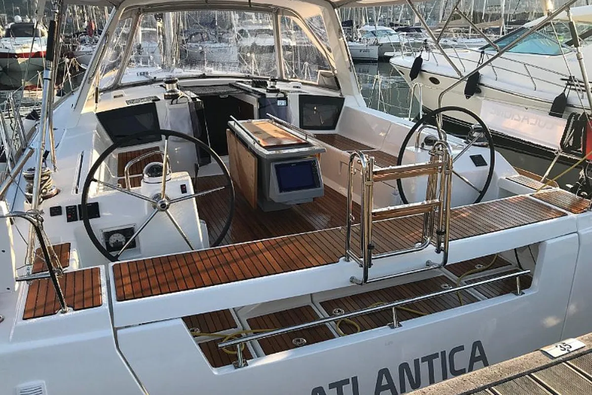 Cockpit of Atlantica, a Beneteau Oceanis 45 sailboat at La Spezia, Italy
