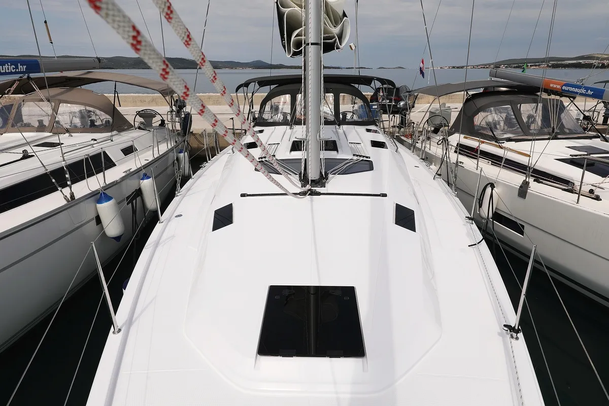 Deck of Starlight, a Elan Impression 45 sailboat at Biograd na Moru, Croatia