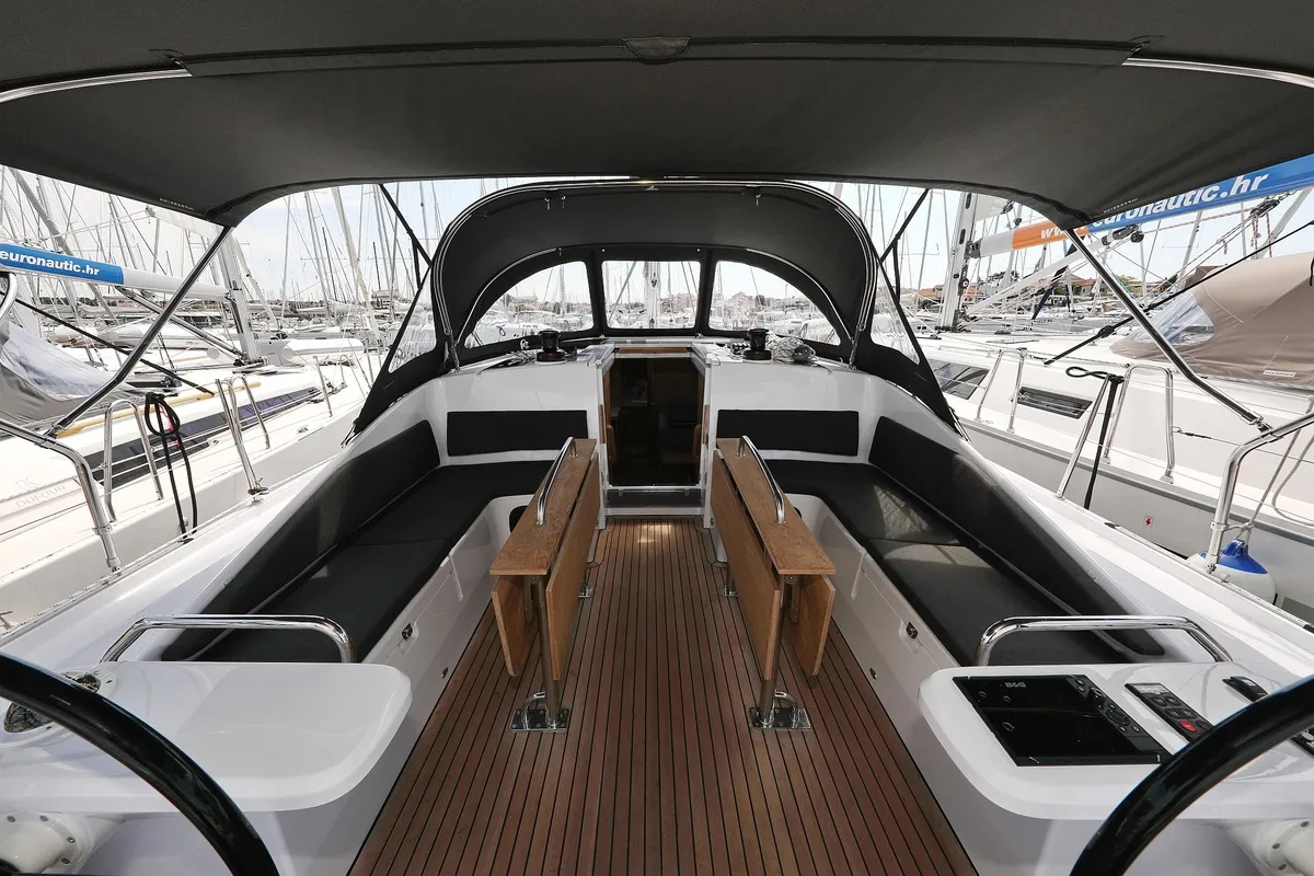 Cockpit of Starlight, a Elan Impression 45 sailboat at Biograd na Moru, Croatia