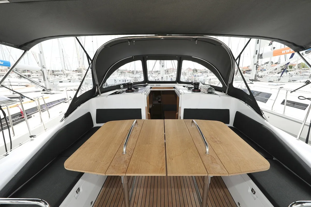 Cockpit of Starlight, a Elan Impression 45 sailboat at Biograd na Moru, Croatia