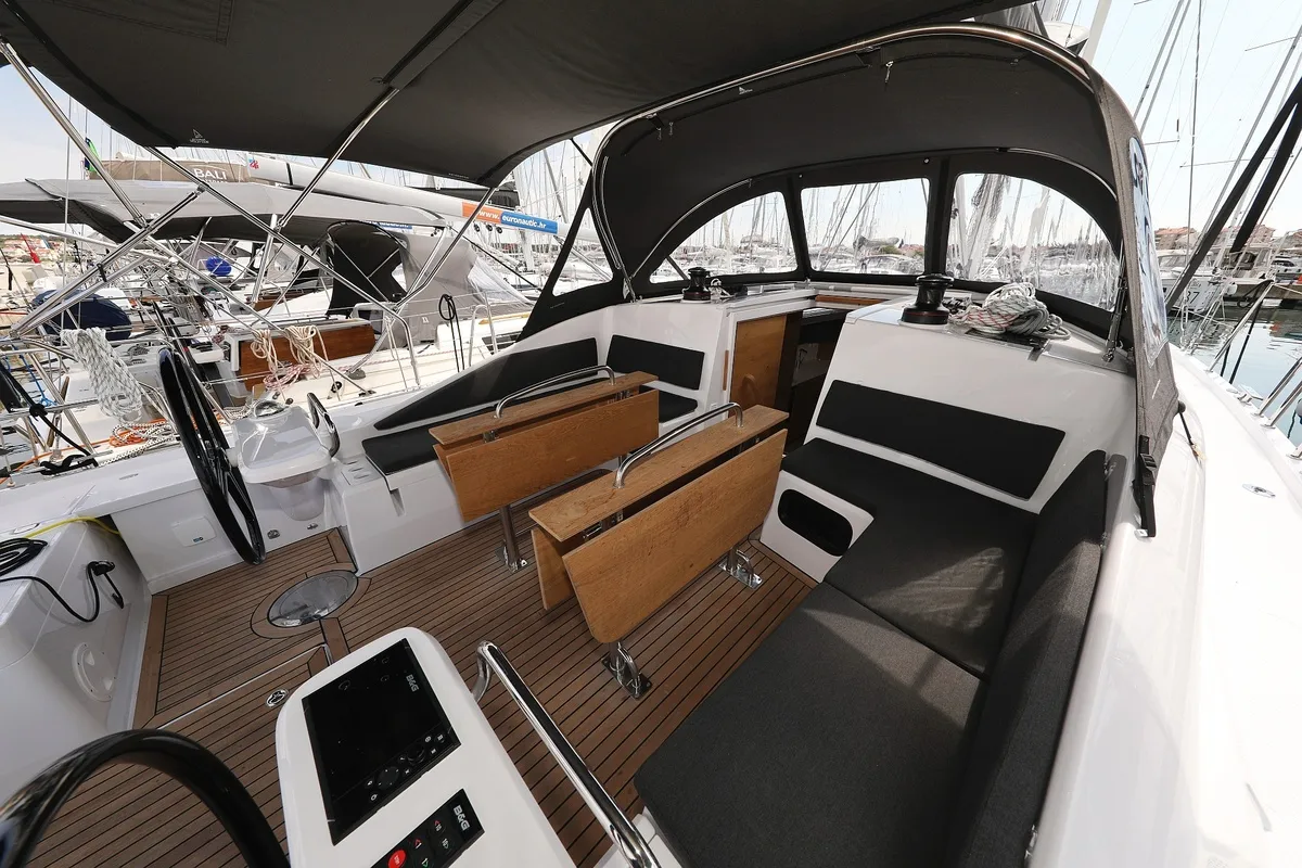 Cockpit of Starlight, a Elan Impression 45 sailboat at Biograd na Moru, Croatia