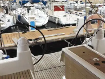 Cockpit of OSCAR TIME, a Dufour 450 Grand Large sailboat at Kalkara, Malta