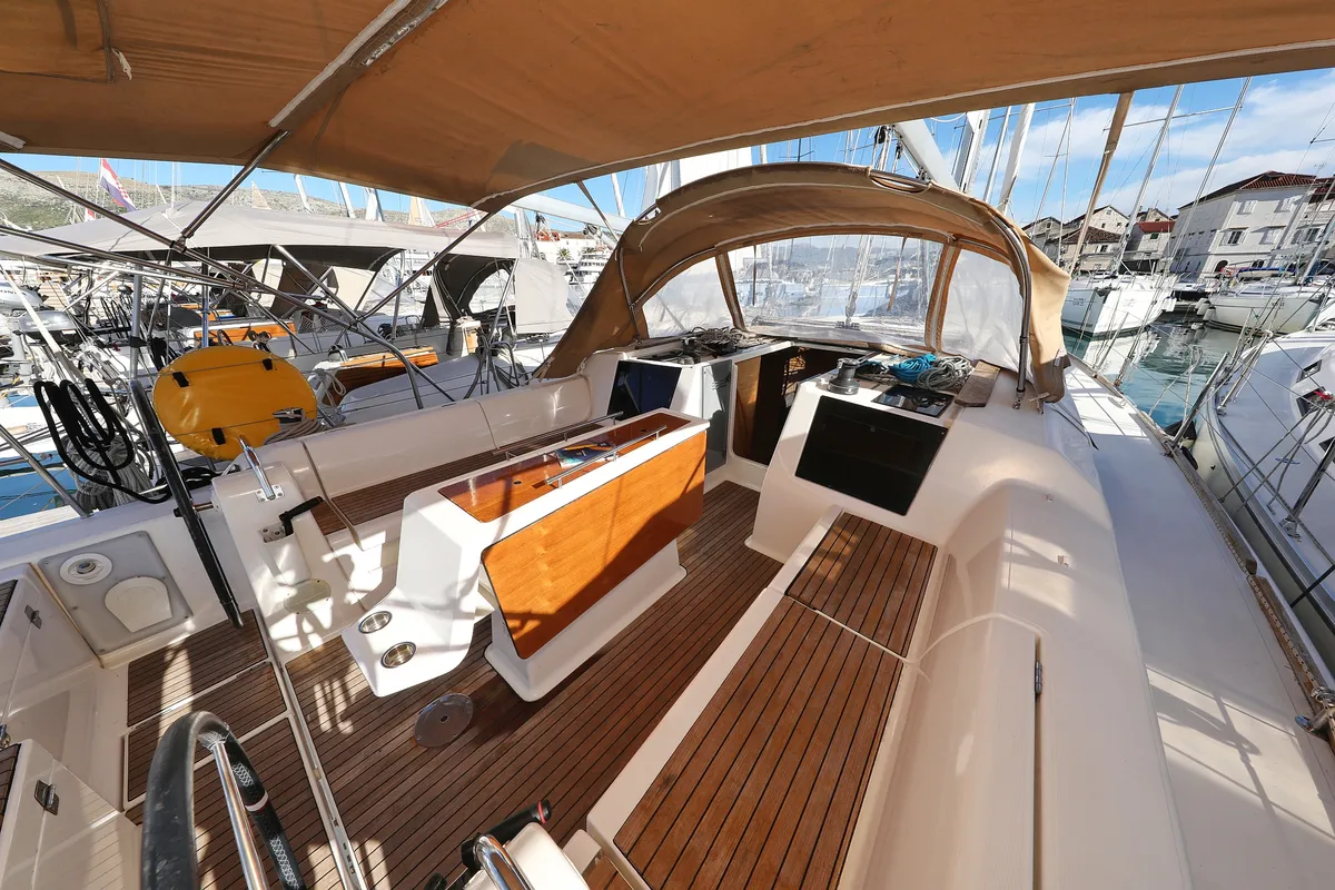 Deck of Adrio, a Dufour 412 GL sailboat at Grad Biograd na Moru, Croatia