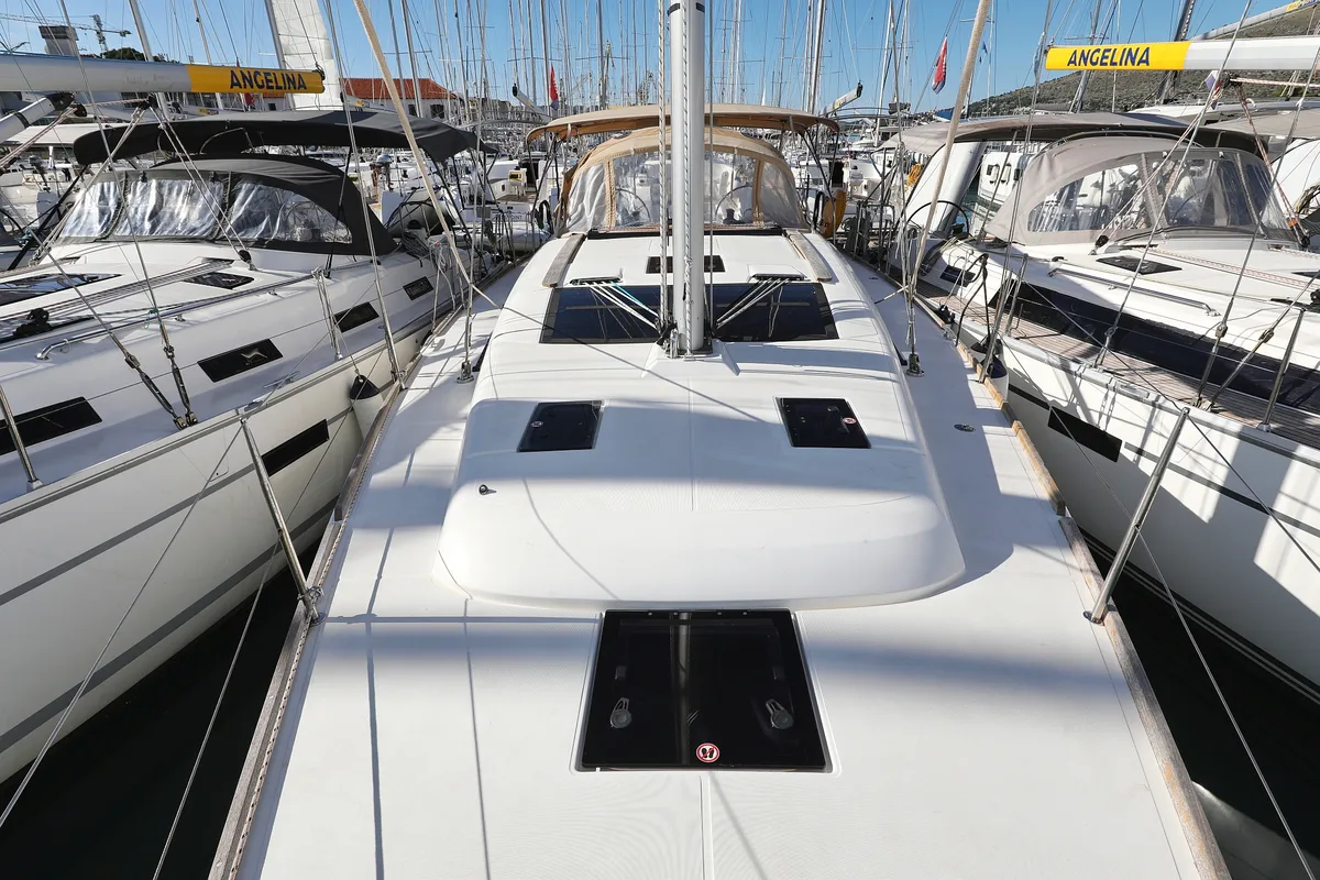 Deck of Adrio, a Dufour 412 GL sailboat at Grad Biograd na Moru, Croatia