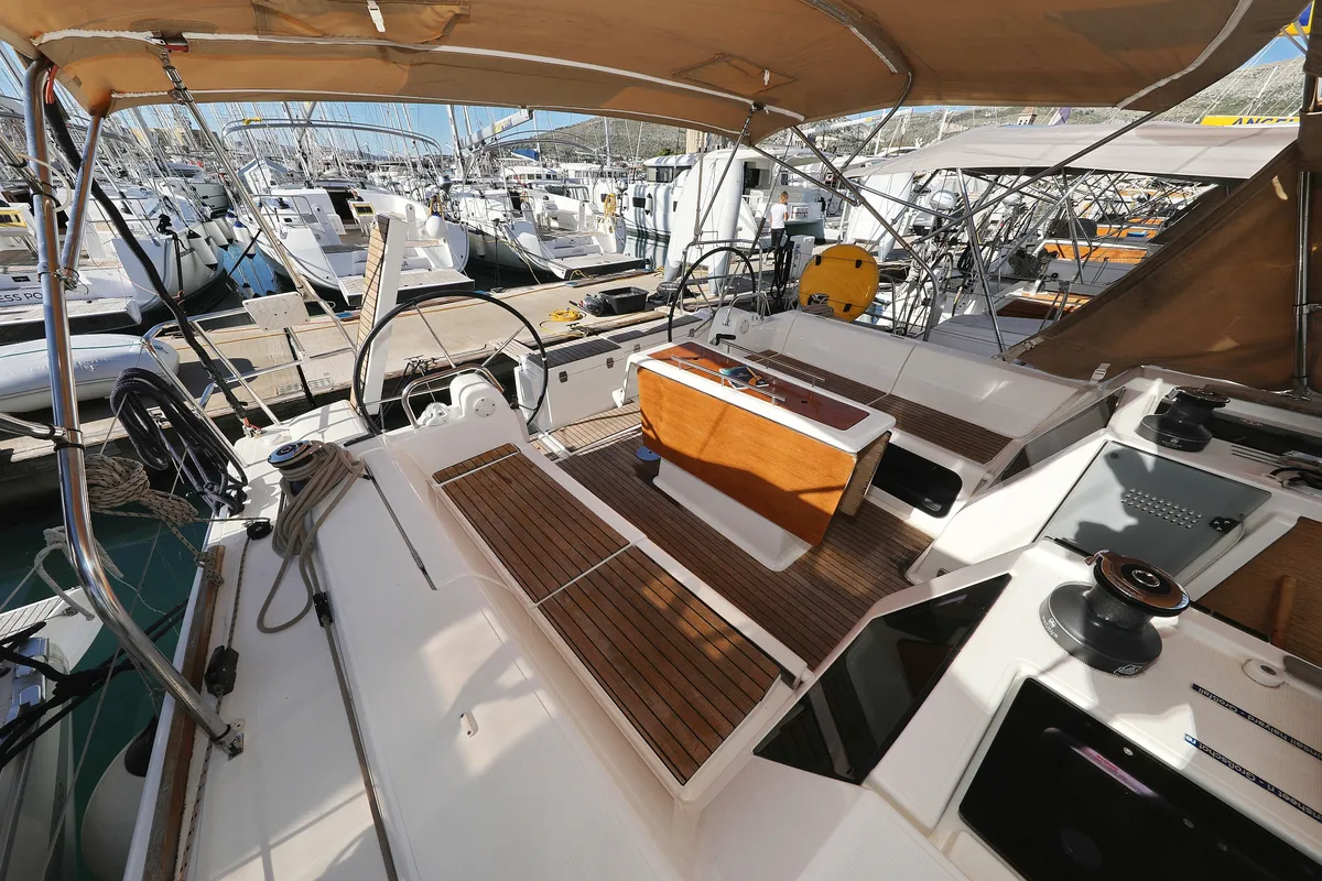 Deck of Adrio, a Dufour 412 GL sailboat at Grad Biograd na Moru, Croatia