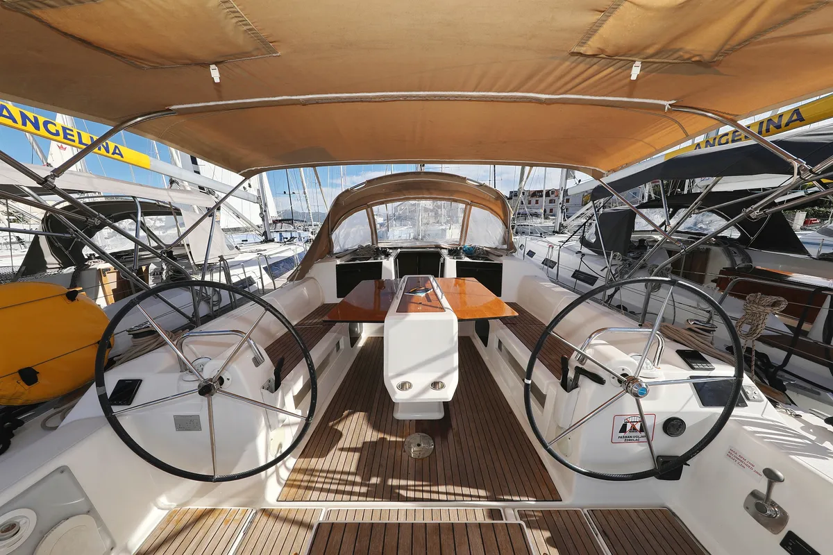 Cockpit of Adrio, a Dufour 412 GL sailboat at Grad Biograd na Moru, Croatia