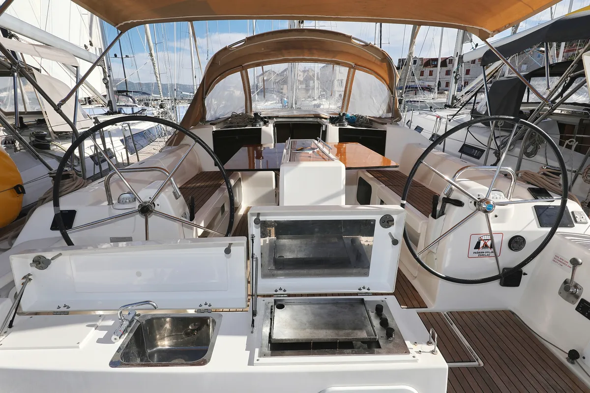 Cockpit of Adrio, a Dufour 412 GL sailboat at Grad Biograd na Moru, Croatia