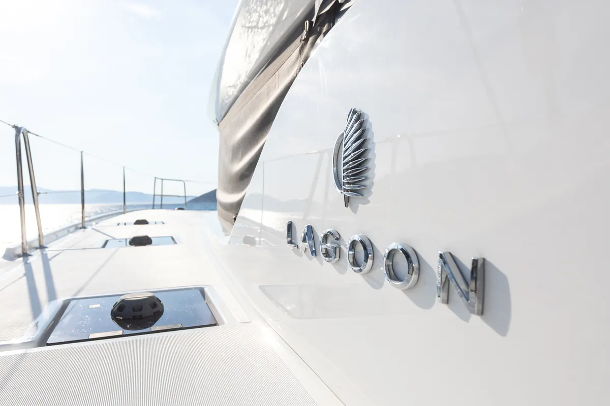Exterior view of Aranel, a Lagoon 51 catamaran at Lavrion, Greece