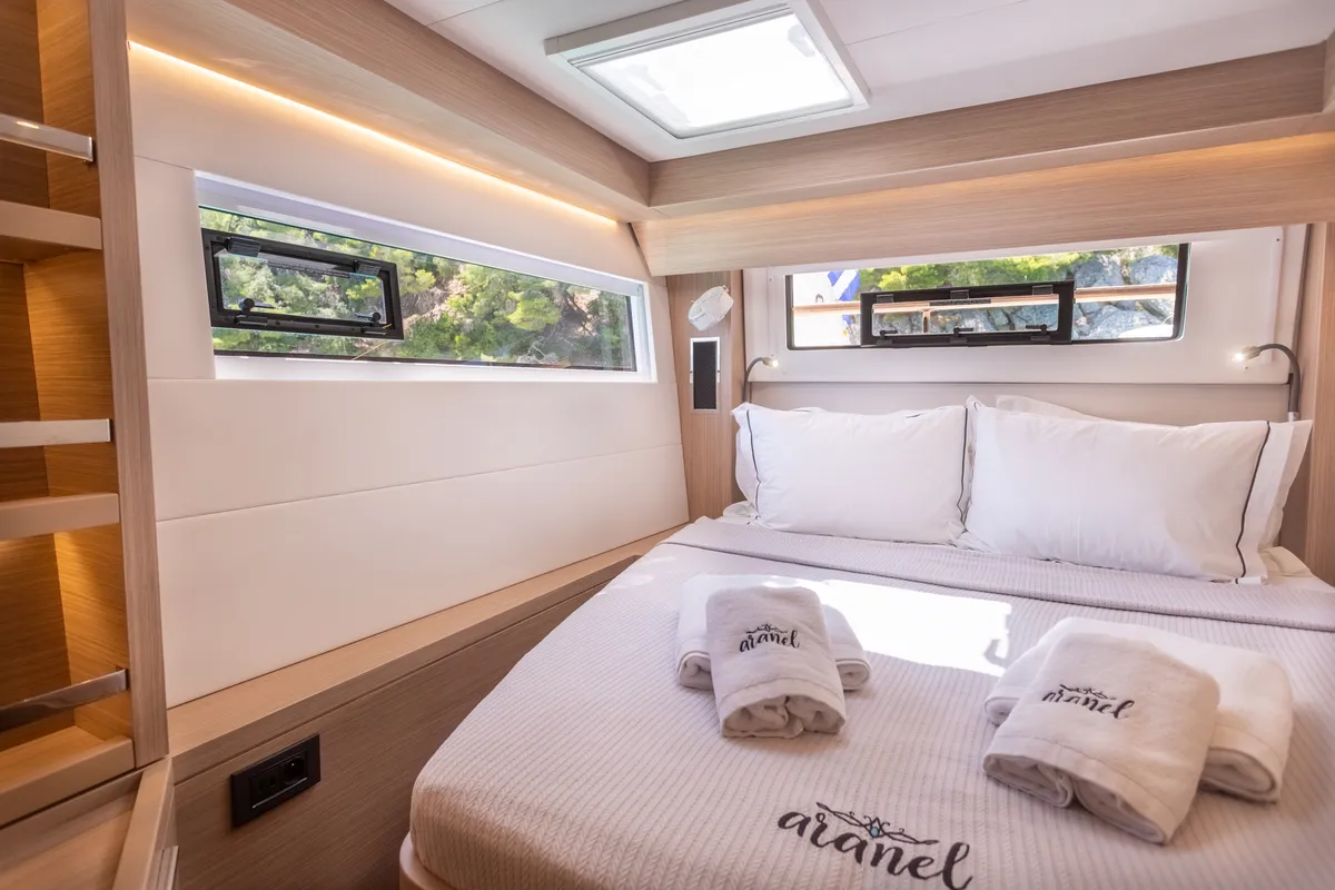 Cabin on Aranel, a Lagoon 51 catamaran at Lavrion, Greece