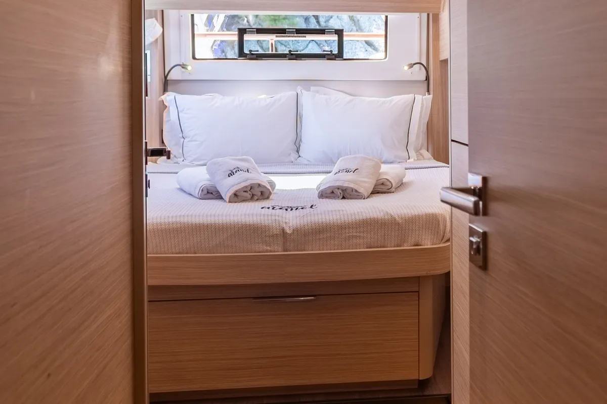 Cabin on Aranel, a Lagoon 51 catamaran at Lavrion, Greece