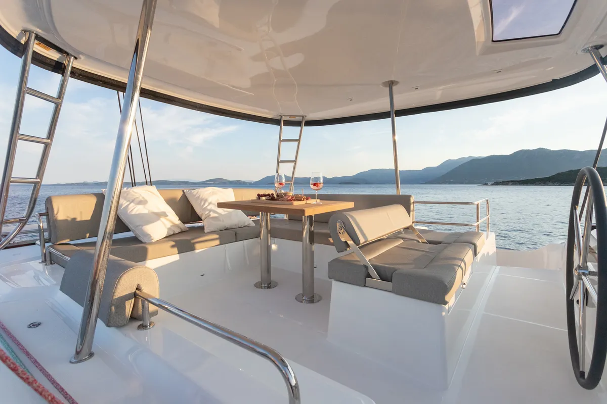 Deck of Aranel, a Lagoon 51 catamaran at Lavrion, Greece