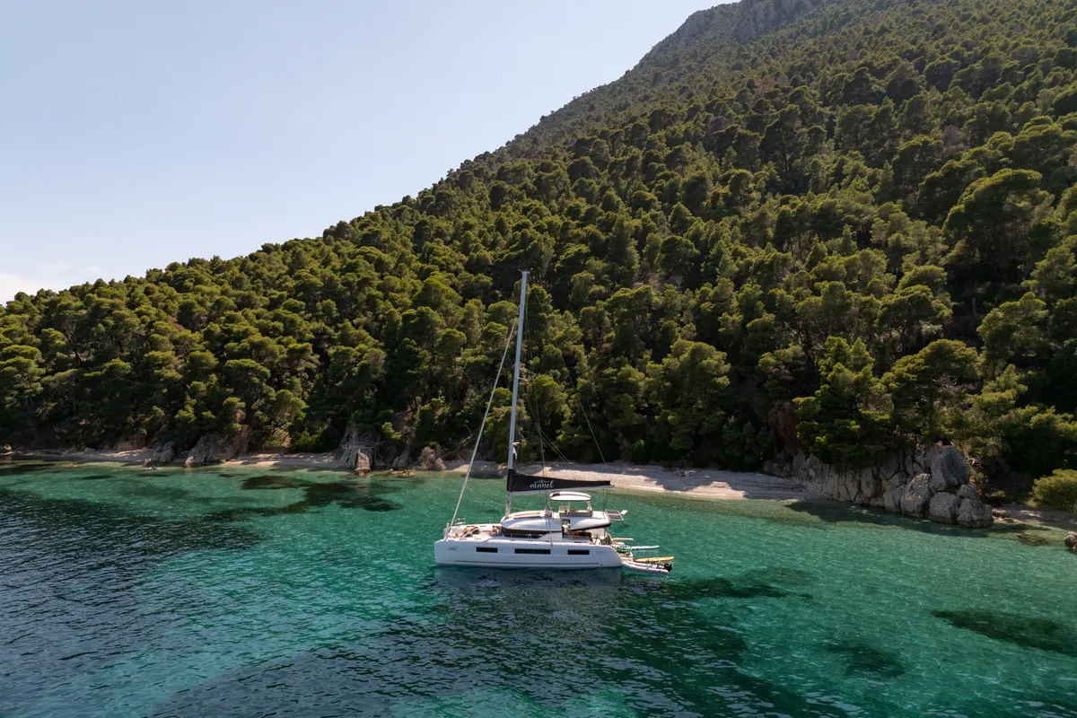 Exterior view of Aranel, a Lagoon 51 catamaran at Lavrion, Greece