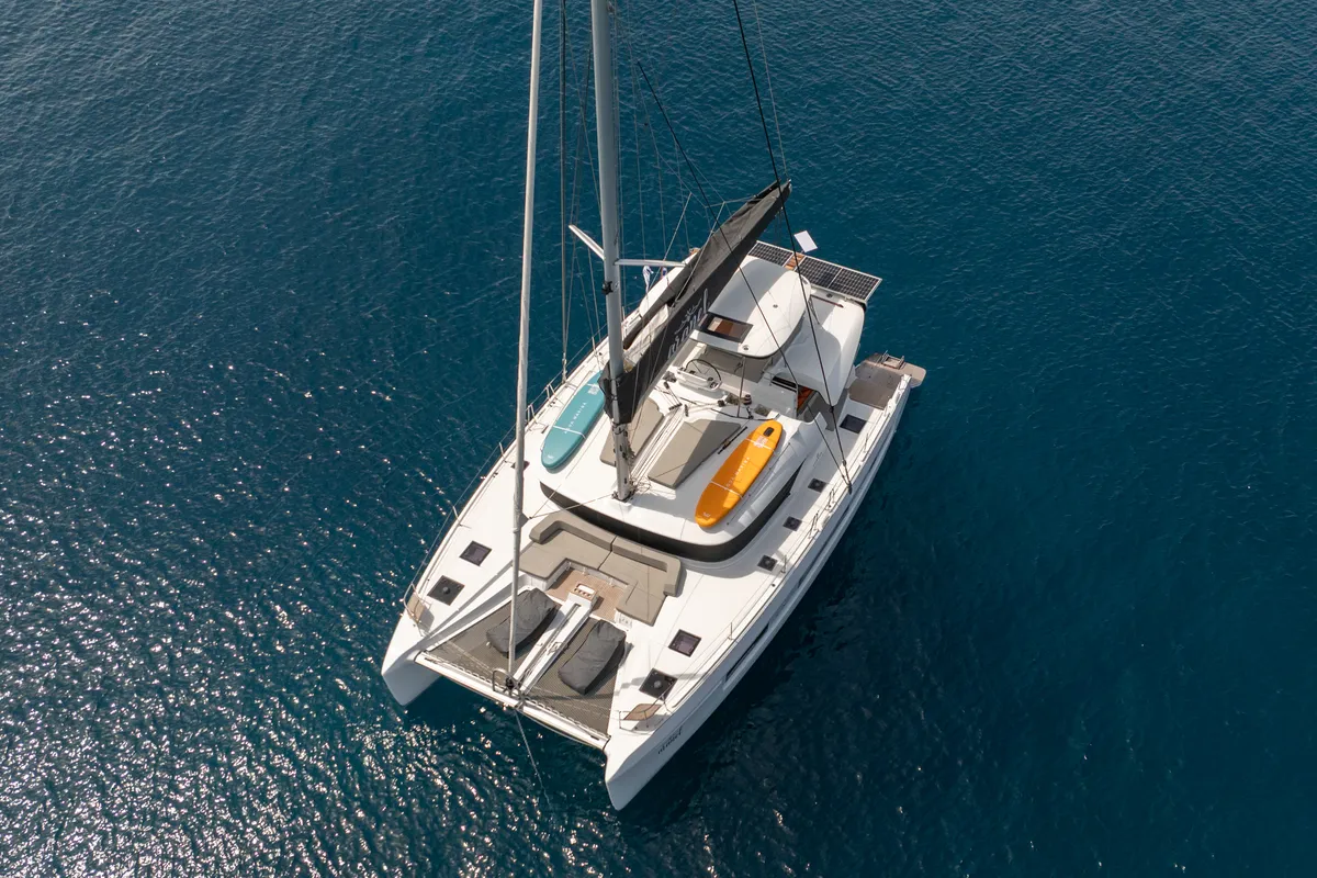 Exterior view of Aranel, a Lagoon 51 catamaran at Lavrion, Greece