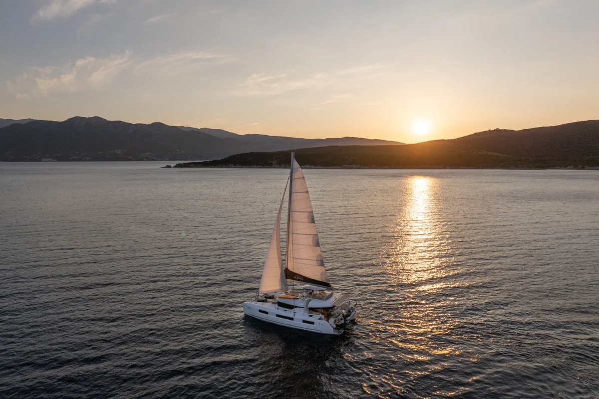 Exterior view of Aranel, a Lagoon 51 catamaran at Lavrion, Greece