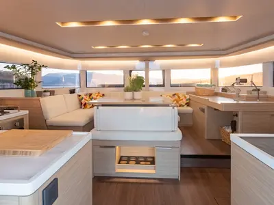 Salon of Aranel, a Lagoon 51 catamaran at Lavrion, Greece
