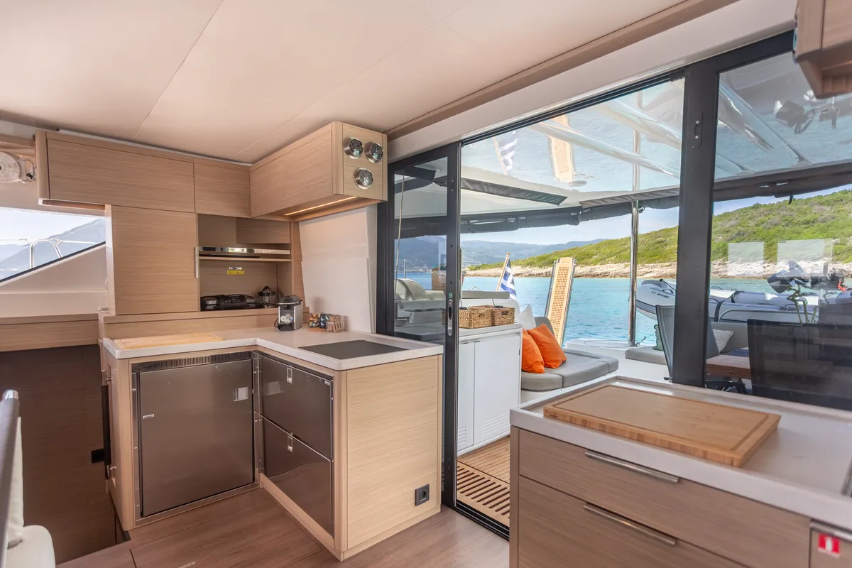 Galley of Aranel, a Lagoon 51 catamaran at Lavrion, Greece