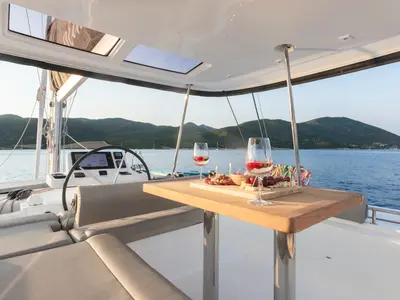 Cockpit of Aranel, a Lagoon 51 catamaran at Lavrion, Greece