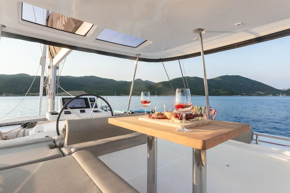 Cockpit of Aranel, a Lagoon 51 catamaran at Lavrion, Greece