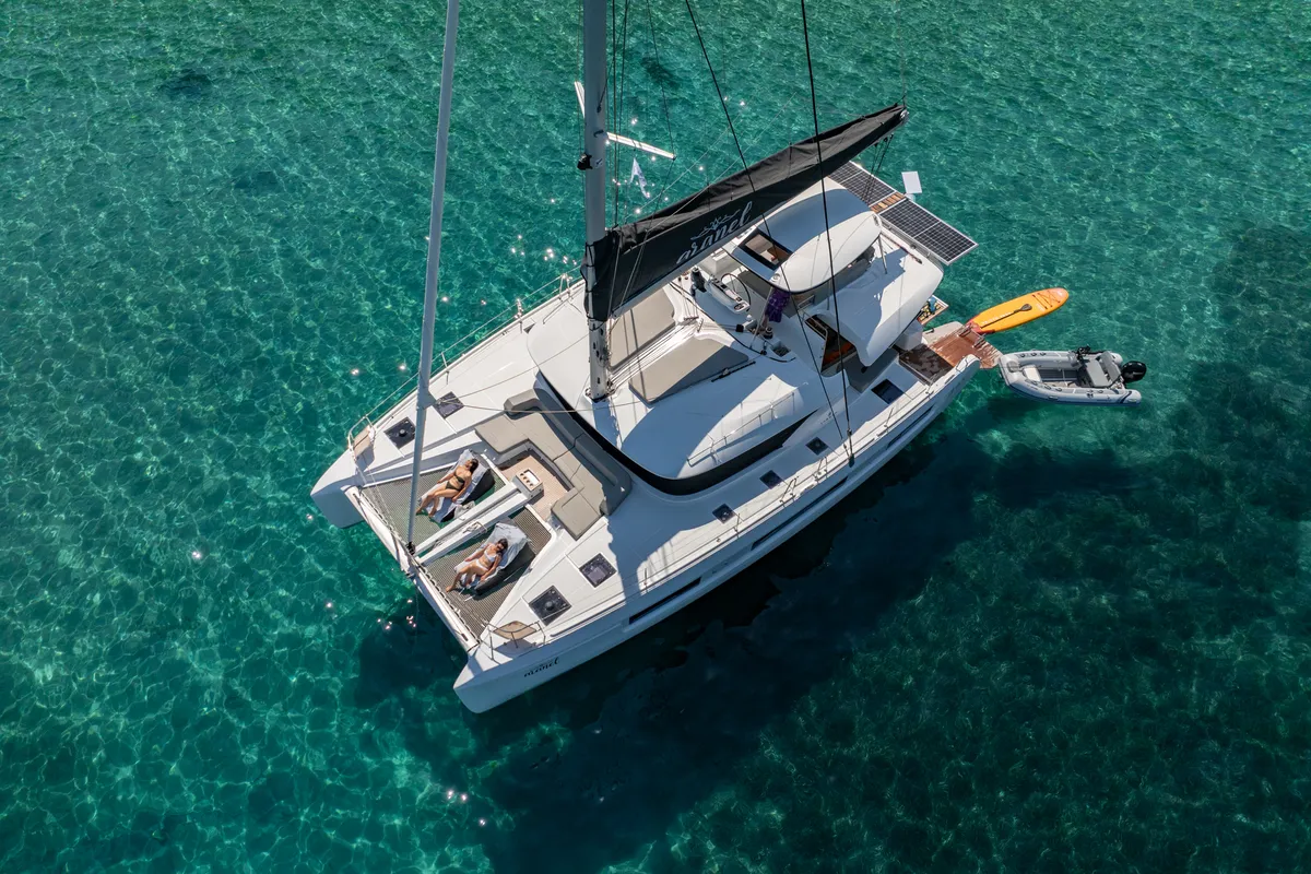 Exterior view of Aranel, a Lagoon 51 catamaran at Lavrion, Greece