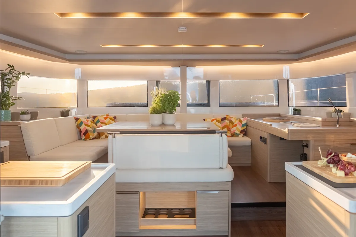 Salon of Aranel, a Lagoon 51 catamaran at Lavrion, Greece