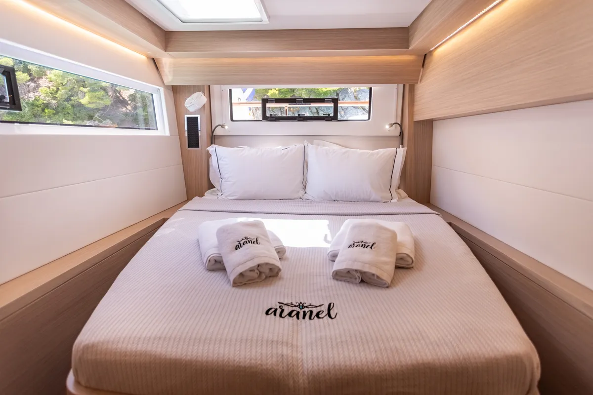 Cabin on Aranel, a Lagoon 51 catamaran at Lavrion, Greece