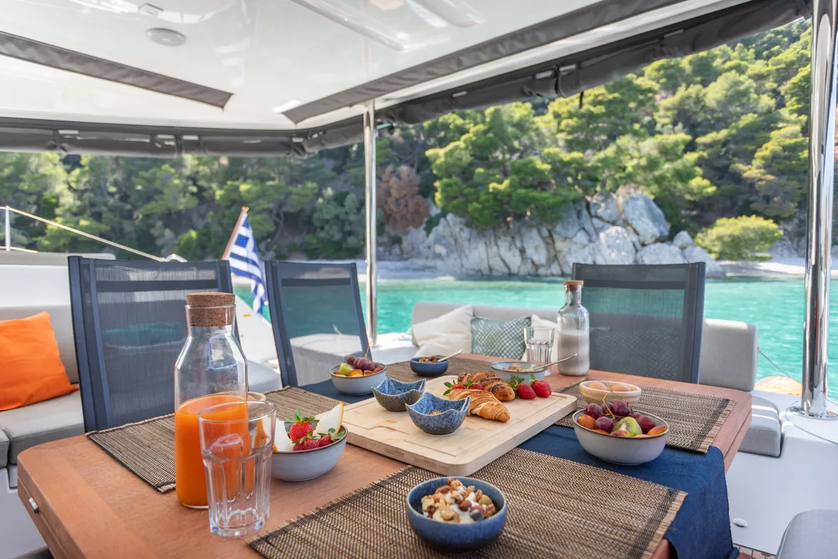 Deck of Aranel, a Lagoon 51 catamaran at Lavrion, Greece
