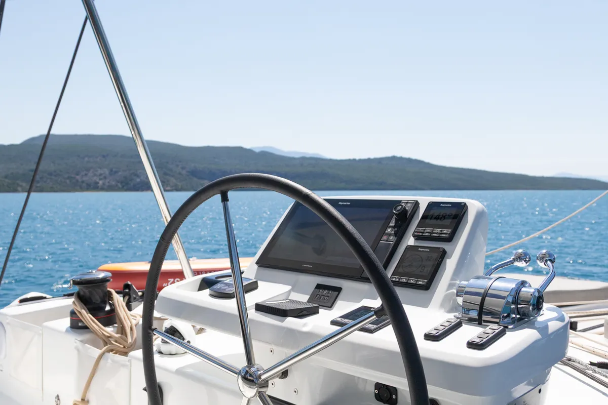 Cockpit of Aranel, a Lagoon 51 catamaran at Lavrion, Greece