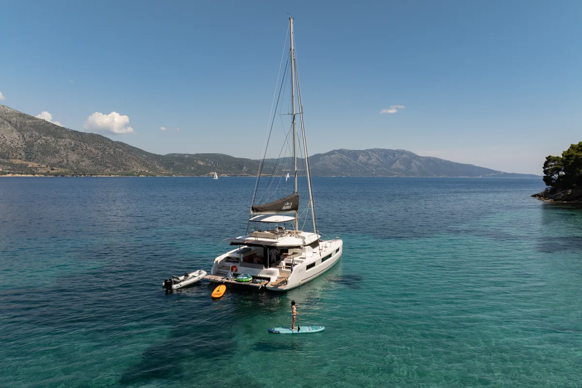 Exterior view of Aranel, a Lagoon 51 catamaran at Lavrion, Greece