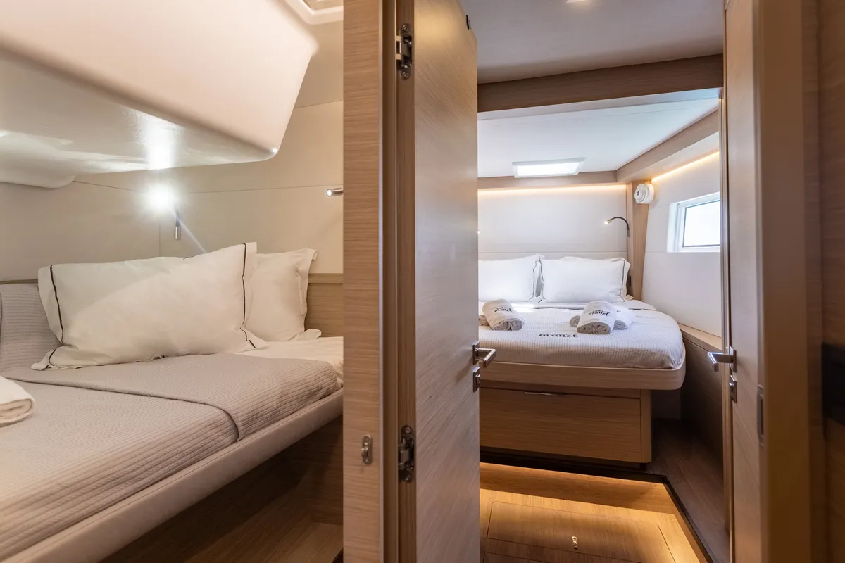Cabin on Aranel, a Lagoon 51 catamaran at Lavrion, Greece