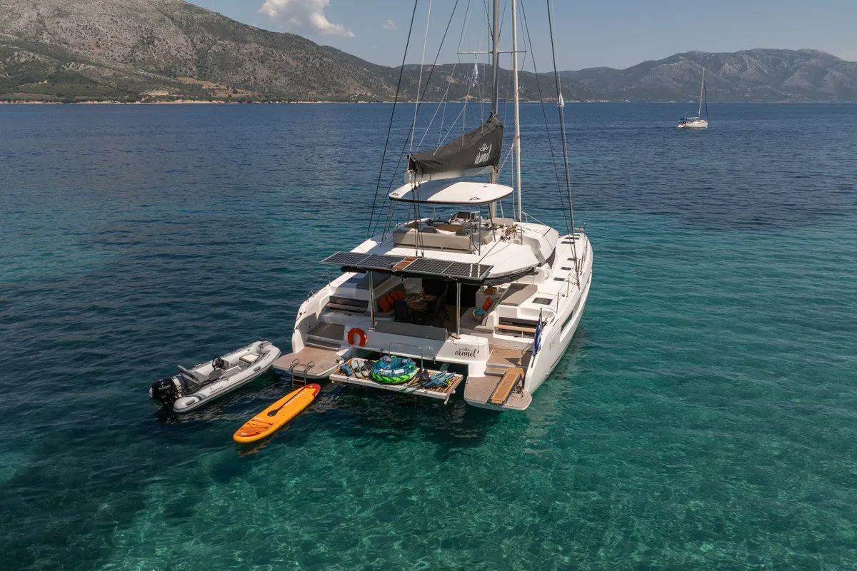 Exterior view of Aranel, a Lagoon 51 catamaran at Lavrion, Greece