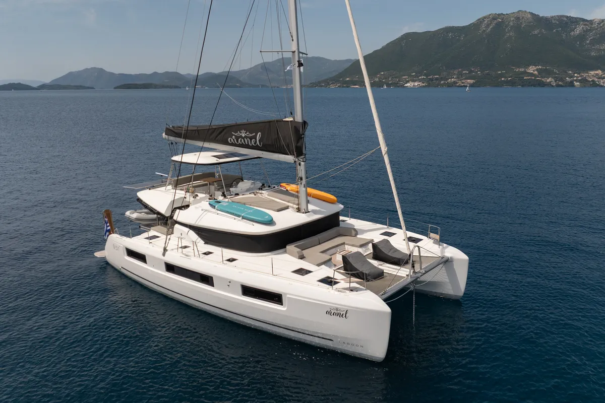 Exterior view of Aranel, a Lagoon 51 catamaran at Lavrion, Greece