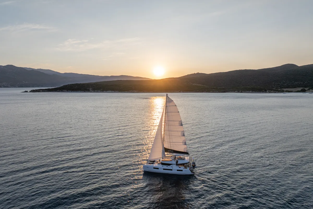 Exterior view of Aranel, a Lagoon 51 catamaran at Lavrion, Greece