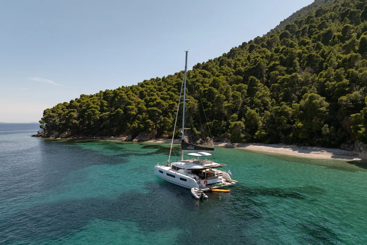 Exterior view of Aranel, a Lagoon 51 catamaran at Lavrion, Greece