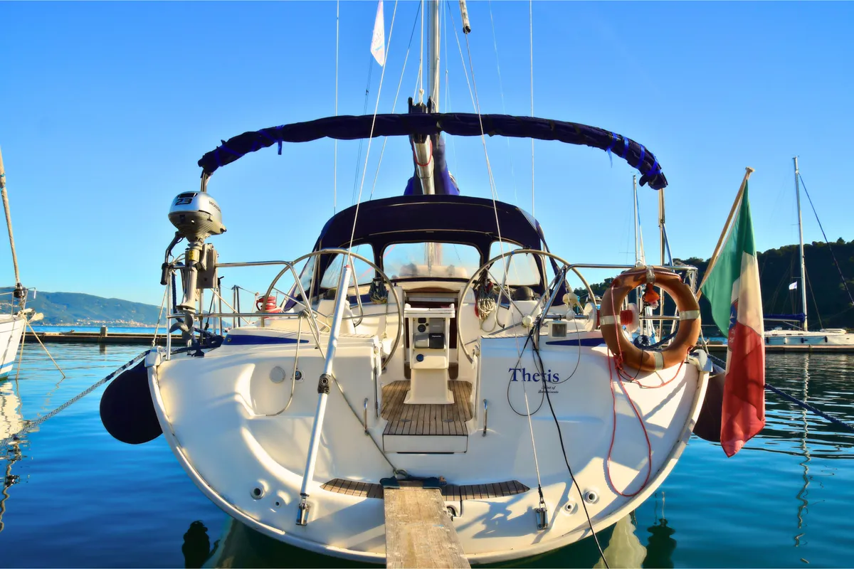 Exterior view of Thetis, a Bavaria 46 Cruiser sailboat at La Spezia, Italy