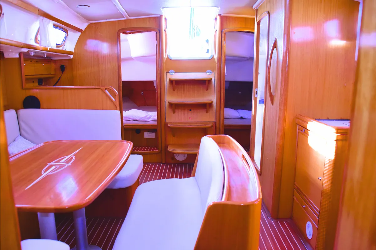 Salon of Thetis, a Bavaria 46 Cruiser sailboat at La Spezia, Italy