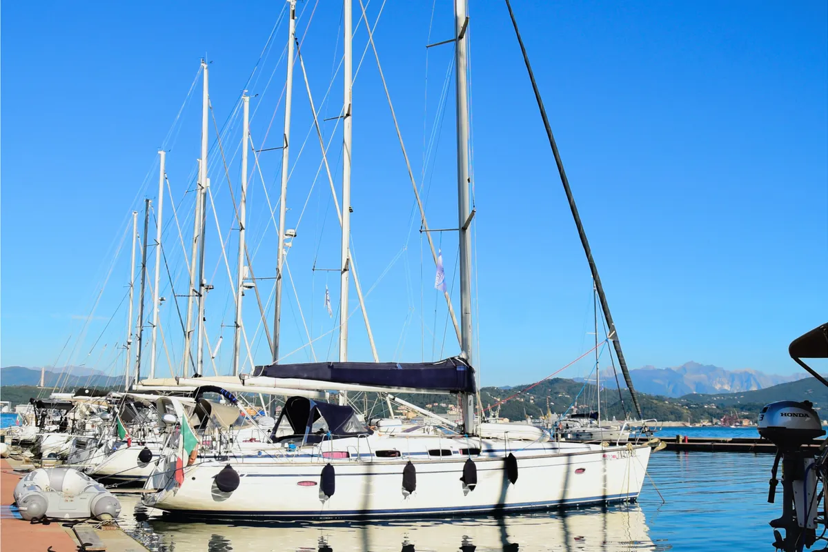 Exterior view of Thetis, a Bavaria 46 Cruiser sailboat at La Spezia, Italy