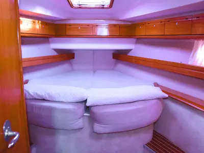 Cabin on Thetis, a Bavaria 46 Cruiser sailboat at La Spezia, Italy