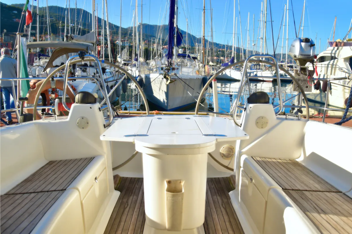Cockpit of Thetis, a Bavaria 46 Cruiser sailboat at La Spezia, Italy