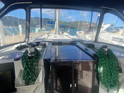 Cockpit of Tonic III, a Beneteau Oceanis 45 sailboat at Road Town, British Virgin Islands