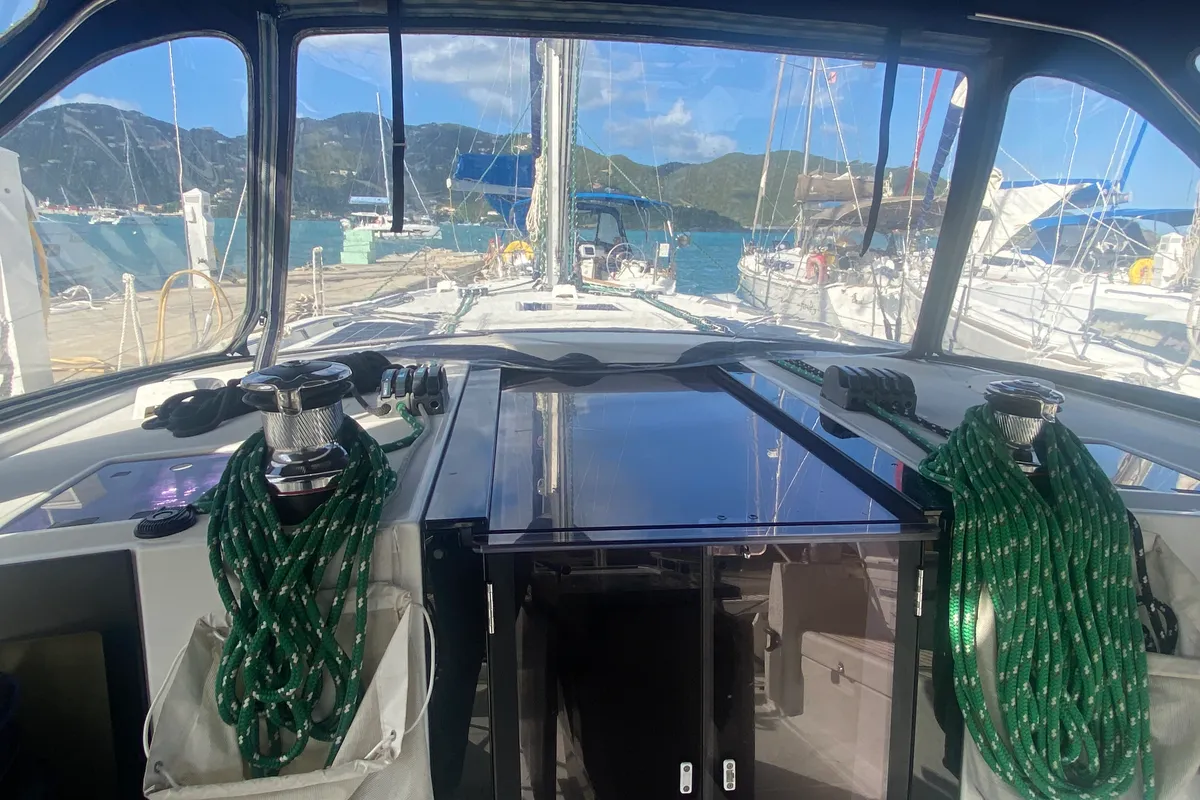 Cockpit of Tonic III, a Beneteau Oceanis 45 sailboat at Road Town, British Virgin Islands