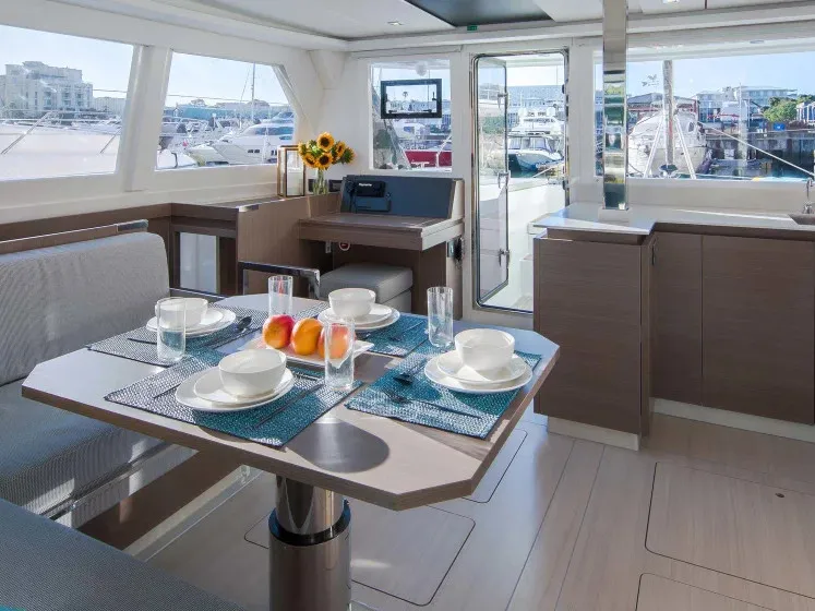 Salon of Leopard 42, a catamaran at English Harbour, Antigua and Barbuda
