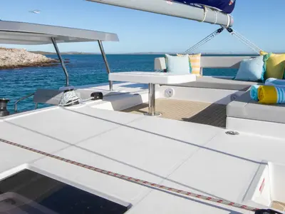 Deck of Leopard 42, a catamaran at English Harbour, Antigua and Barbuda