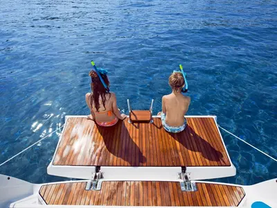 Deck of Konstantinos 14, a Bavaria Cruiser 41 sailboat at Municipal Unit of Lefkada, Greece