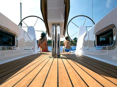 Cockpit of Konstantinos 14, a Bavaria Cruiser 41 sailboat at Municipal Unit of Lefkada, Greece