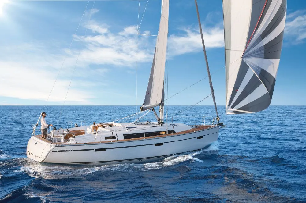 Exterior view of Konstantinos 14, a Bavaria Cruiser 41 sailboat at Municipal Unit of Lefkada, Greece